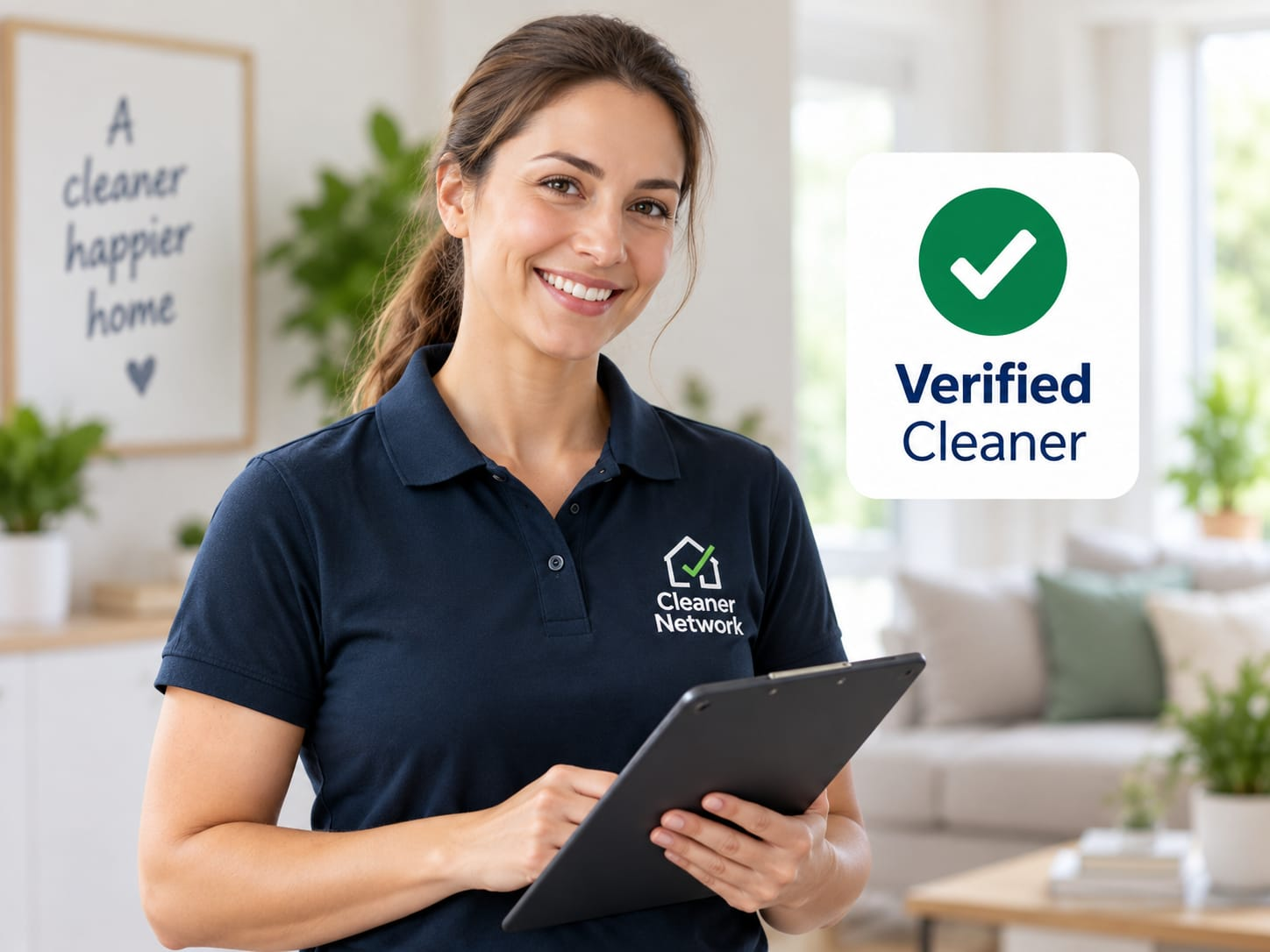 A verified Cleaner Network cleaner smiling, holding a tablet