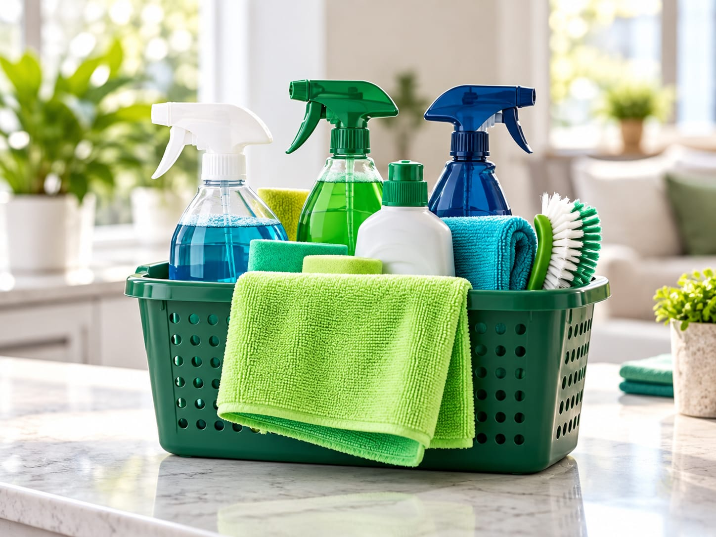 A basket of cleaning supplies including sprays and microfibre cloths