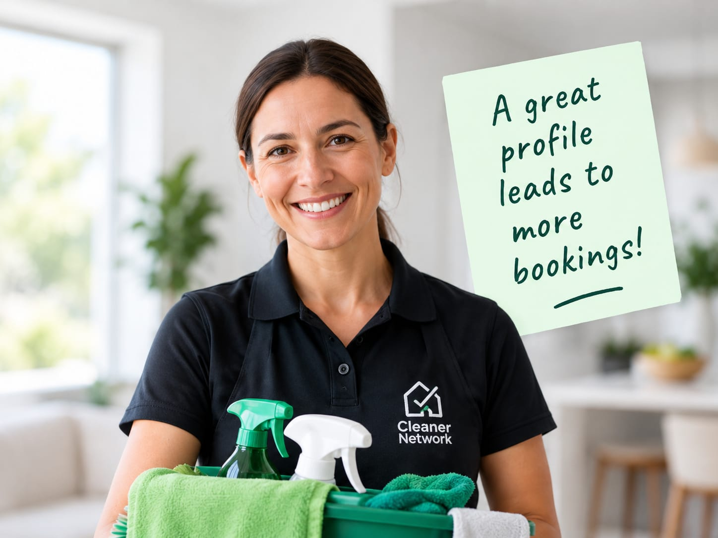 A friendly, professional Cleaner Network cleaner smiling while holding cleaning supplies