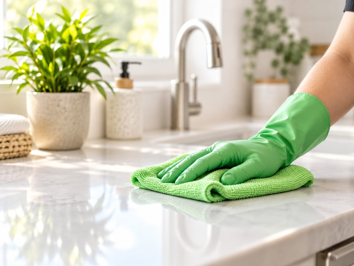 A gloved hand wiping down a kitchen sink area