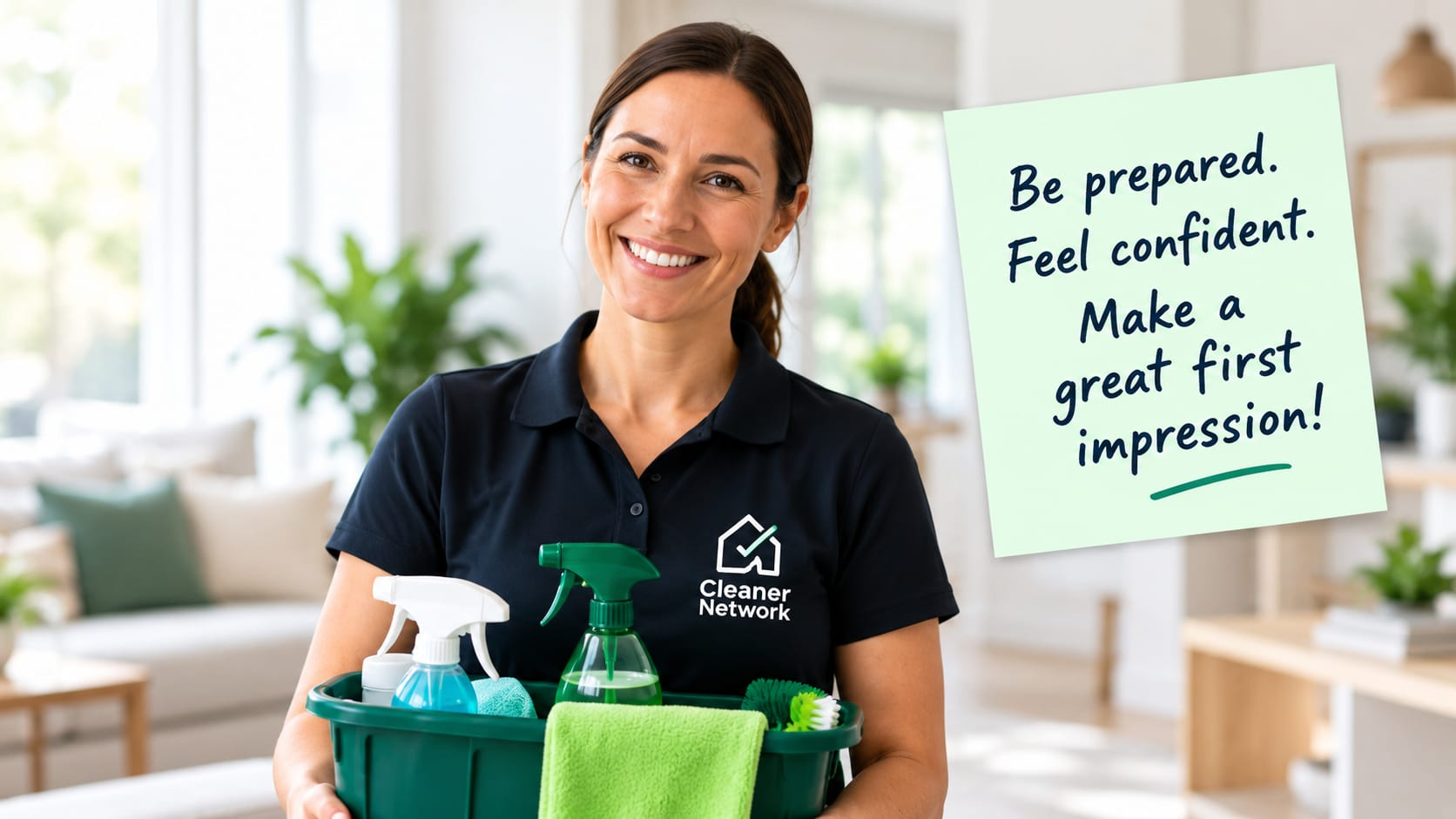 A Cleaner Network cleaner smiling with her cleaning supplies, ready for her first clean