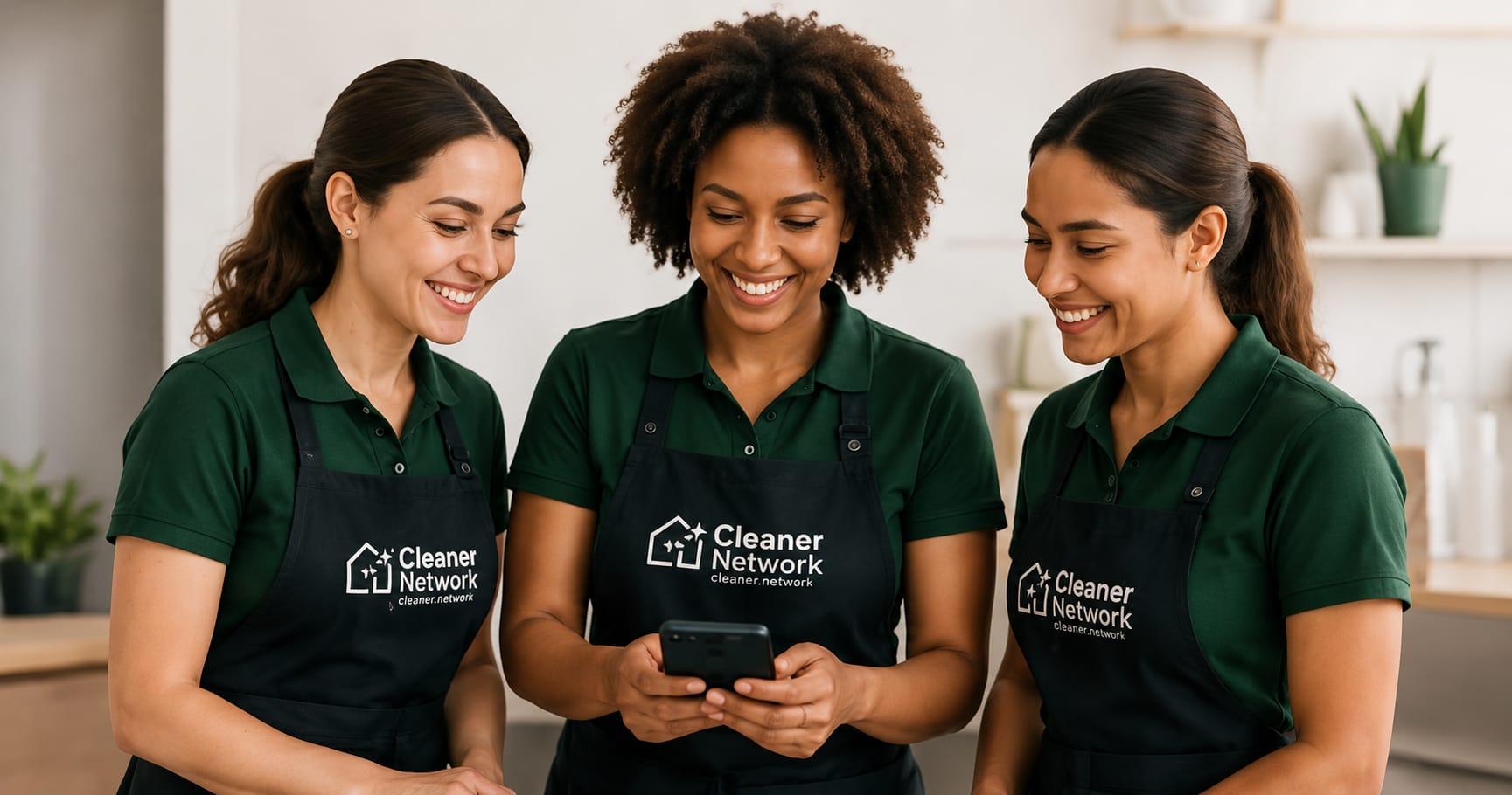 Three Cleaner Network team members smiling and looking at a phone together