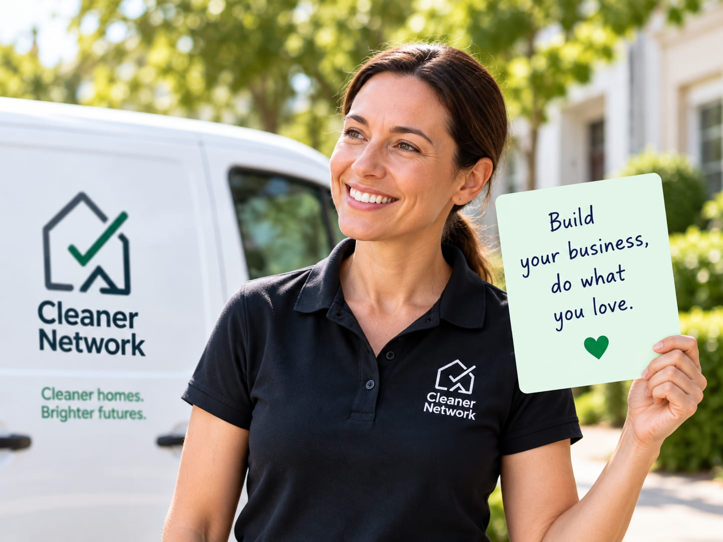 A smiling Cleaner Network cleaner standing beside her cleaning van