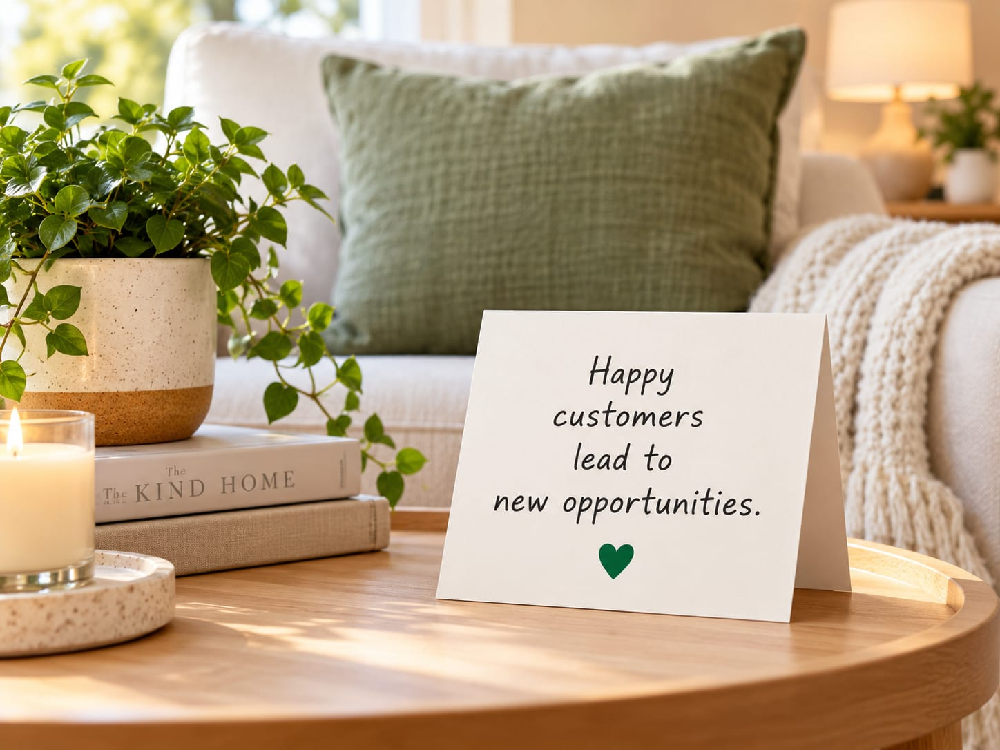 A clean, tidy living room with a note reading 'Happy customers lead to new opportunities.'