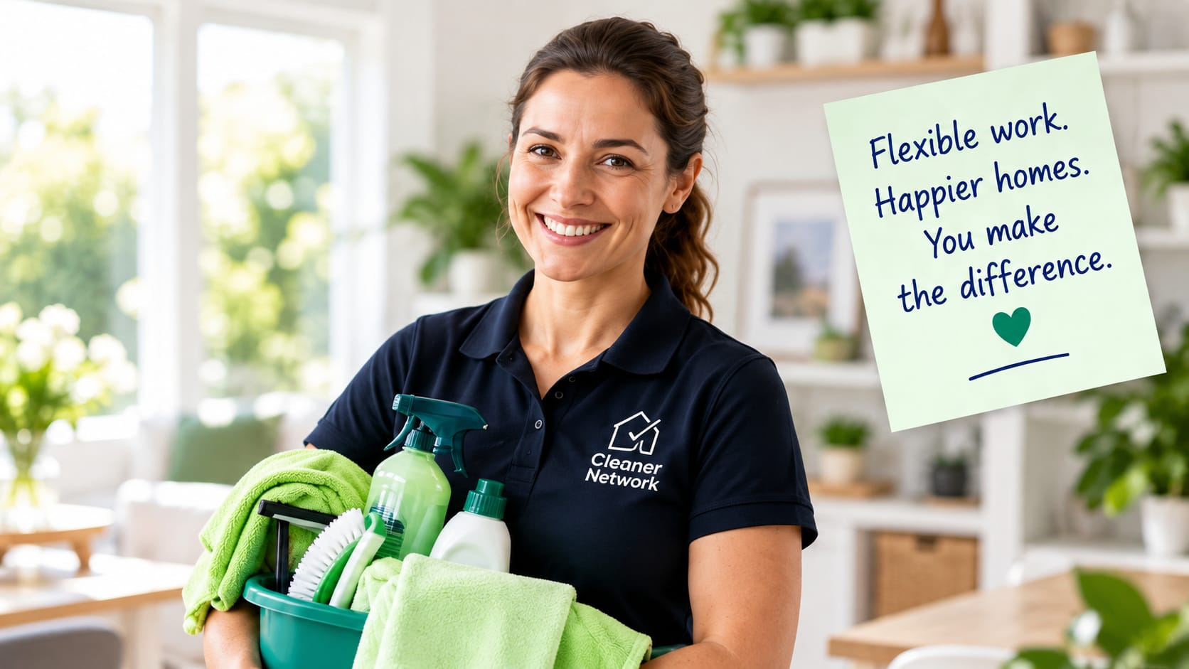 A Cleaner Network cleaner smiling, holding cleaning supplies