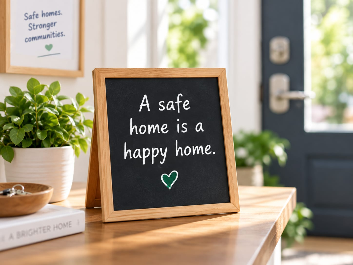 A chalkboard sign reading 'A safe home is a happy home.' beside a houseplant
