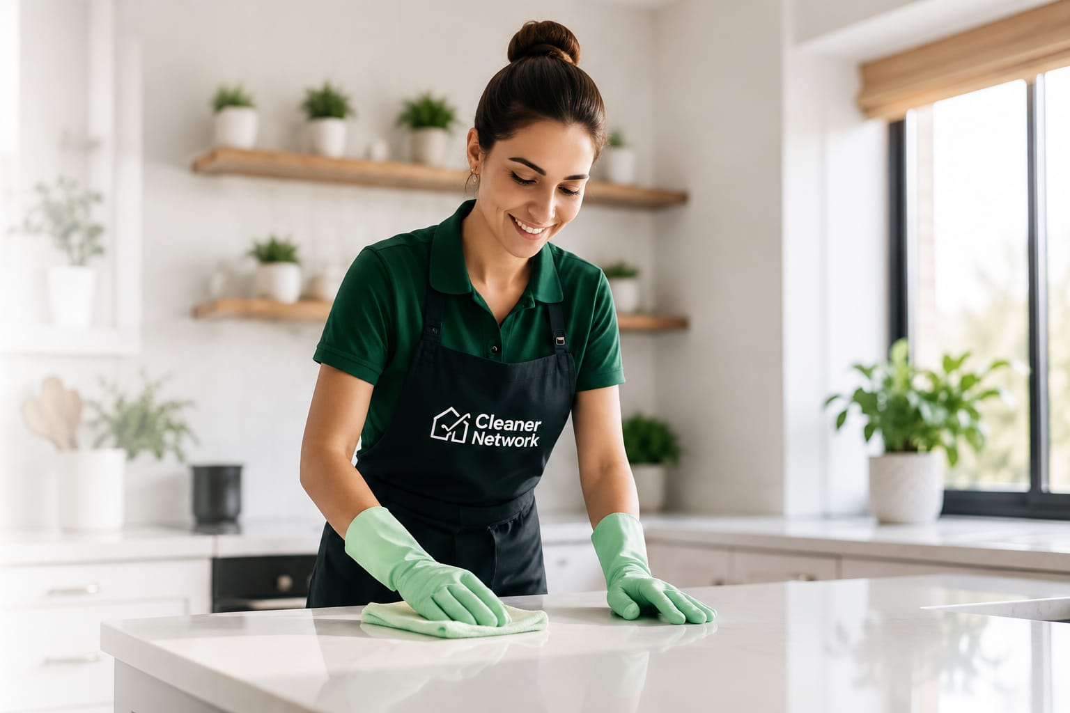 A Cleaner Network professional wearing green gloves cleaning a kitchen countertop
