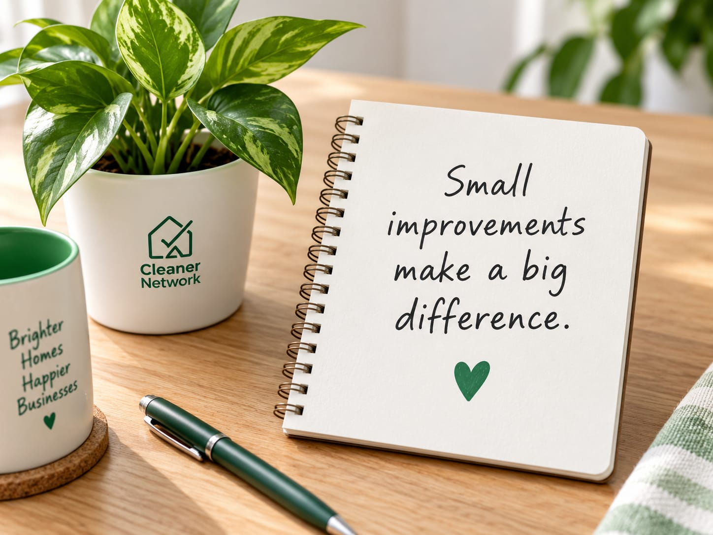 A small plant beside a notebook with a note reading 'Small improvements make a big difference.'