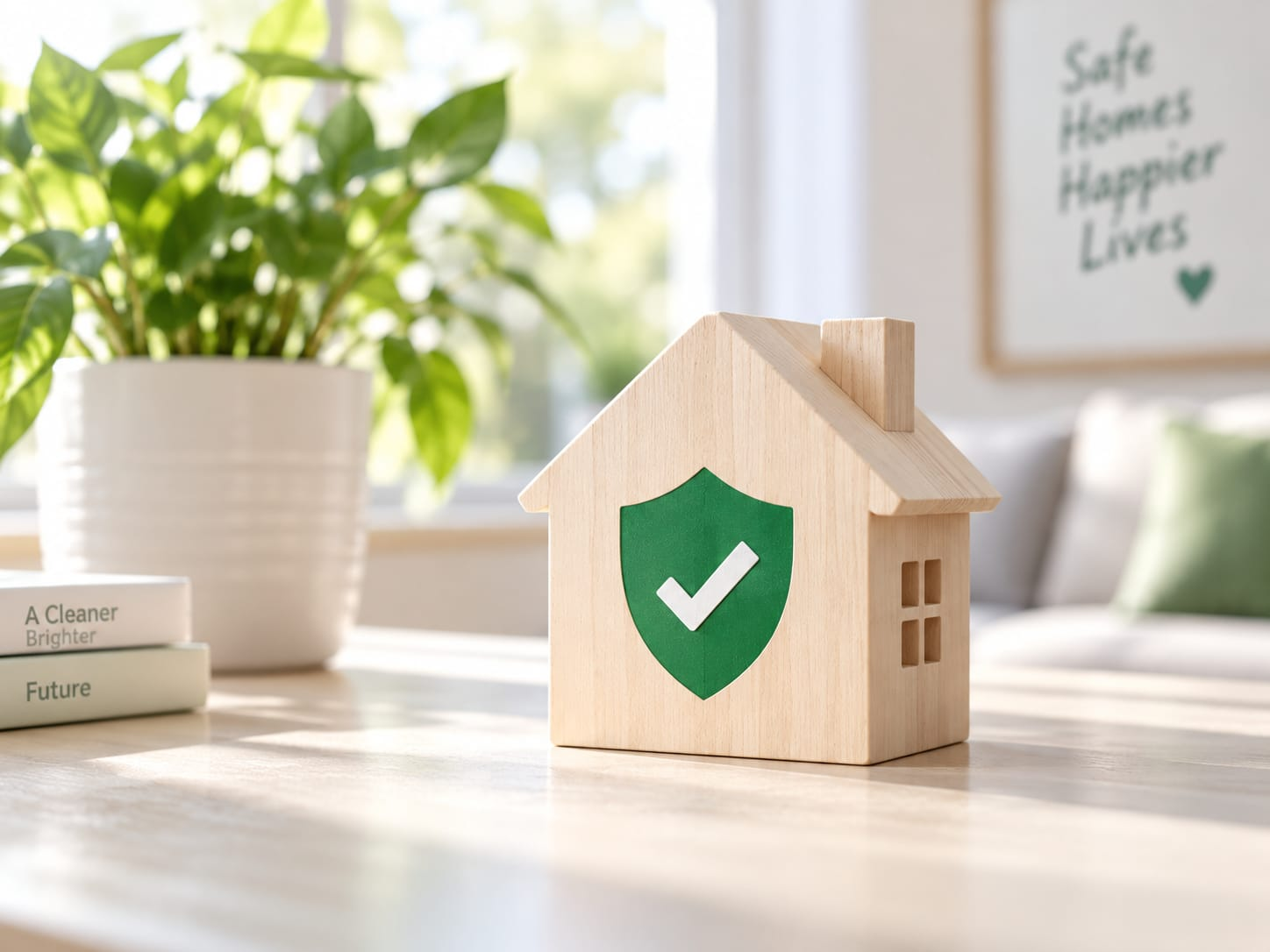 A small wooden house model with a green shield and checkmark icon