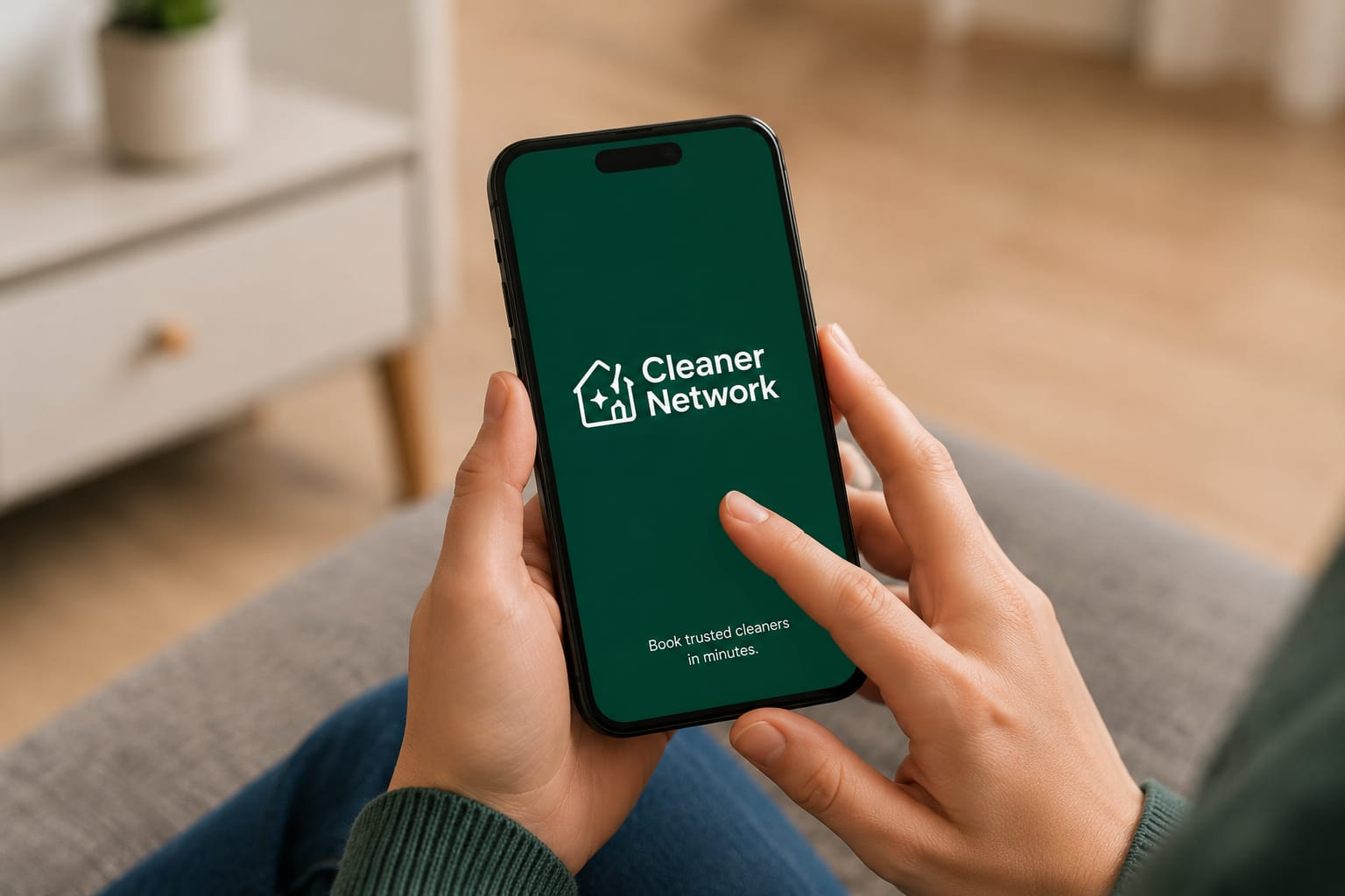 Hand holding a phone showing the Cleaner Network app