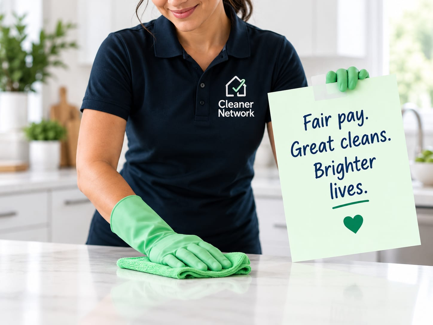 A Cleaner Network cleaner wiping a kitchen counter, wearing branded uniform and gloves