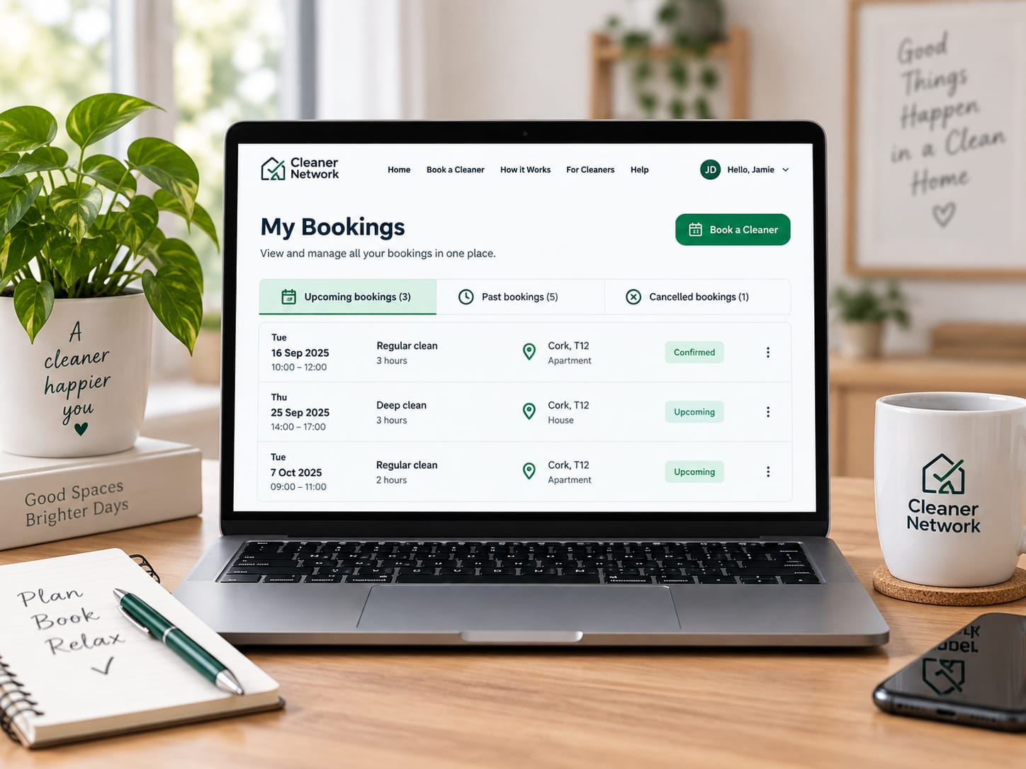 The Cleaner Network 'My Bookings' dashboard showing upcoming, past and cancelled bookings