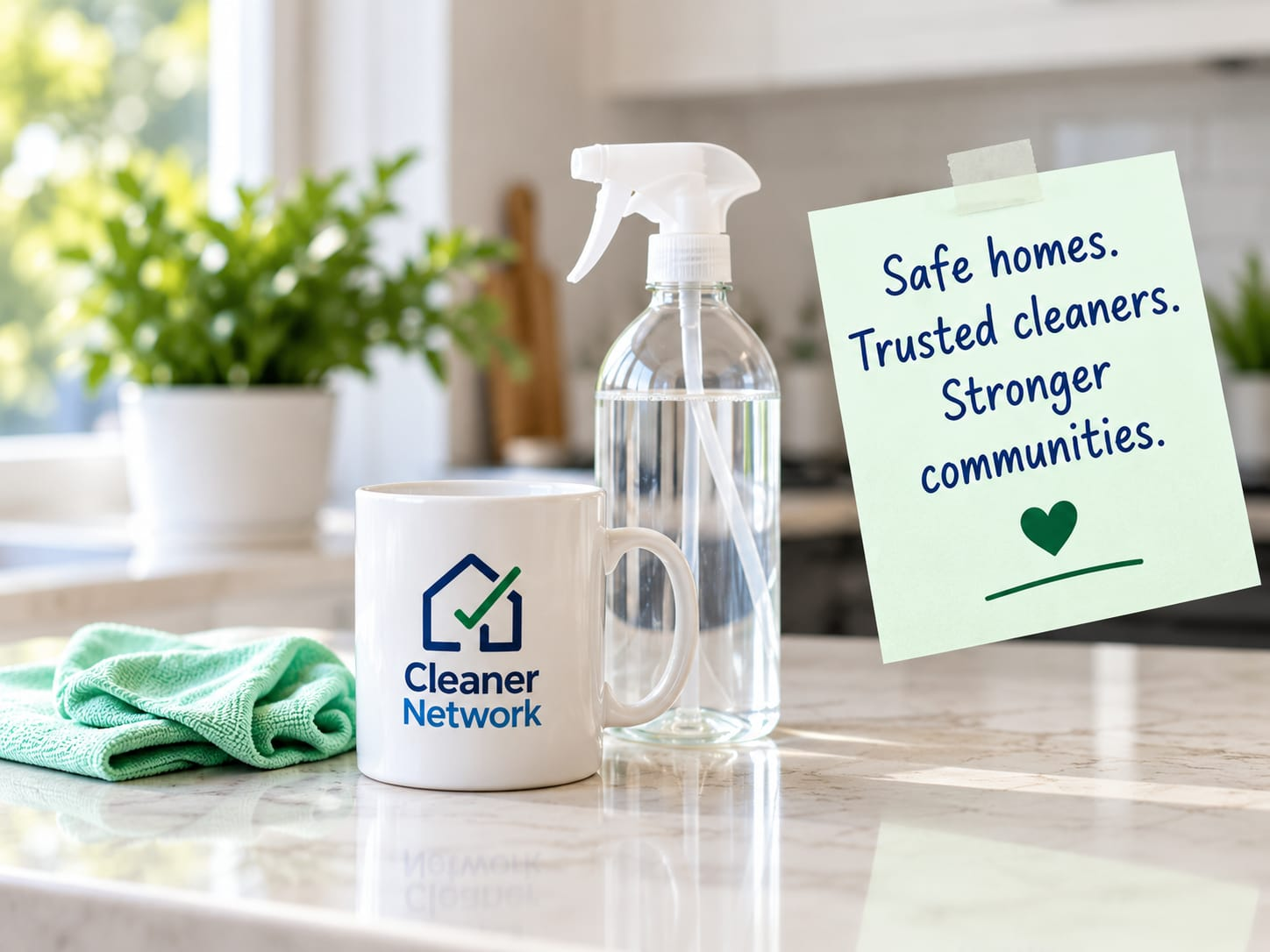 A cleaning spray bottle, green cloth and Cleaner Network mug on a kitchen counter