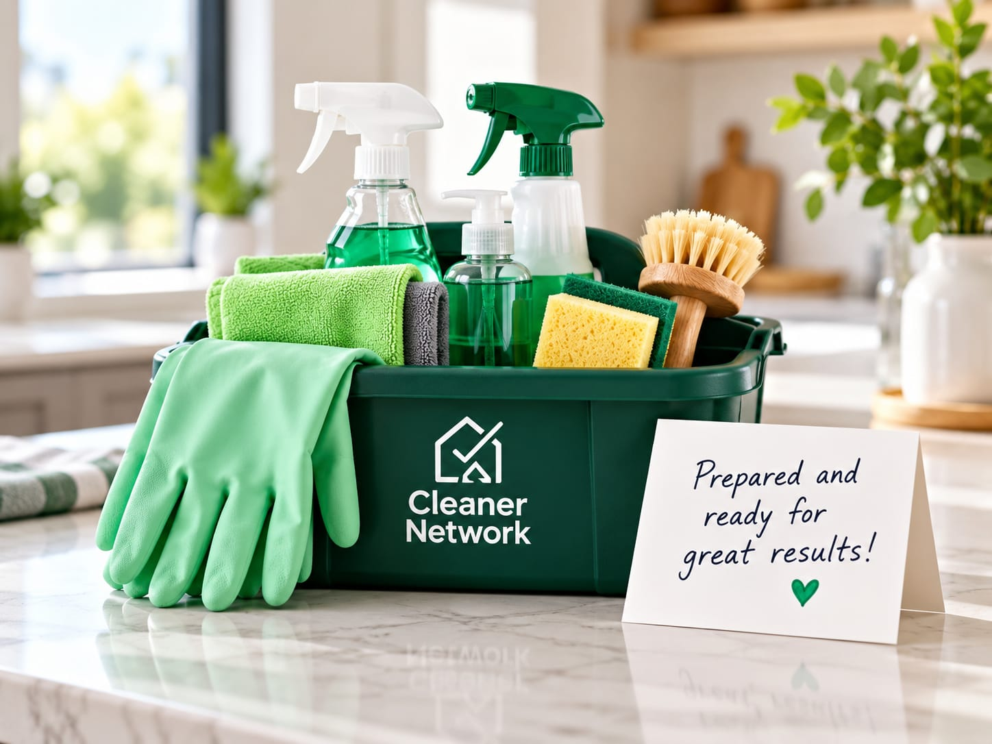 Cleaning products and equipment arranged neatly in a caddy