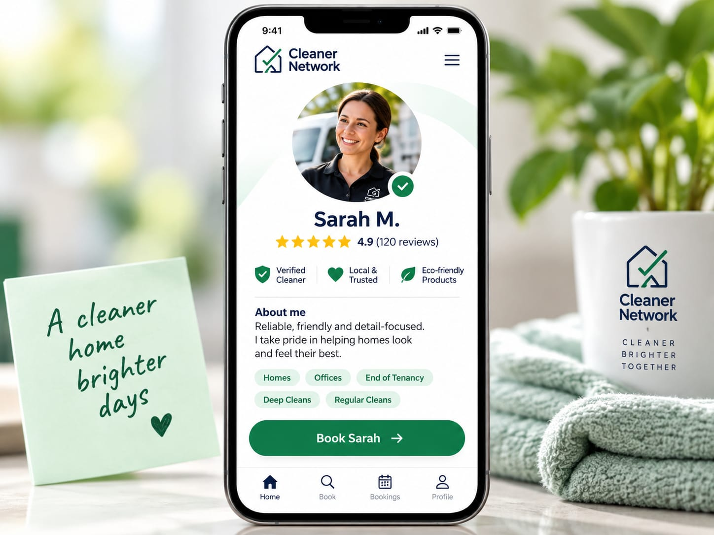 A cleaner profile screen for Sarah M., shown as trusted, verified and top rated