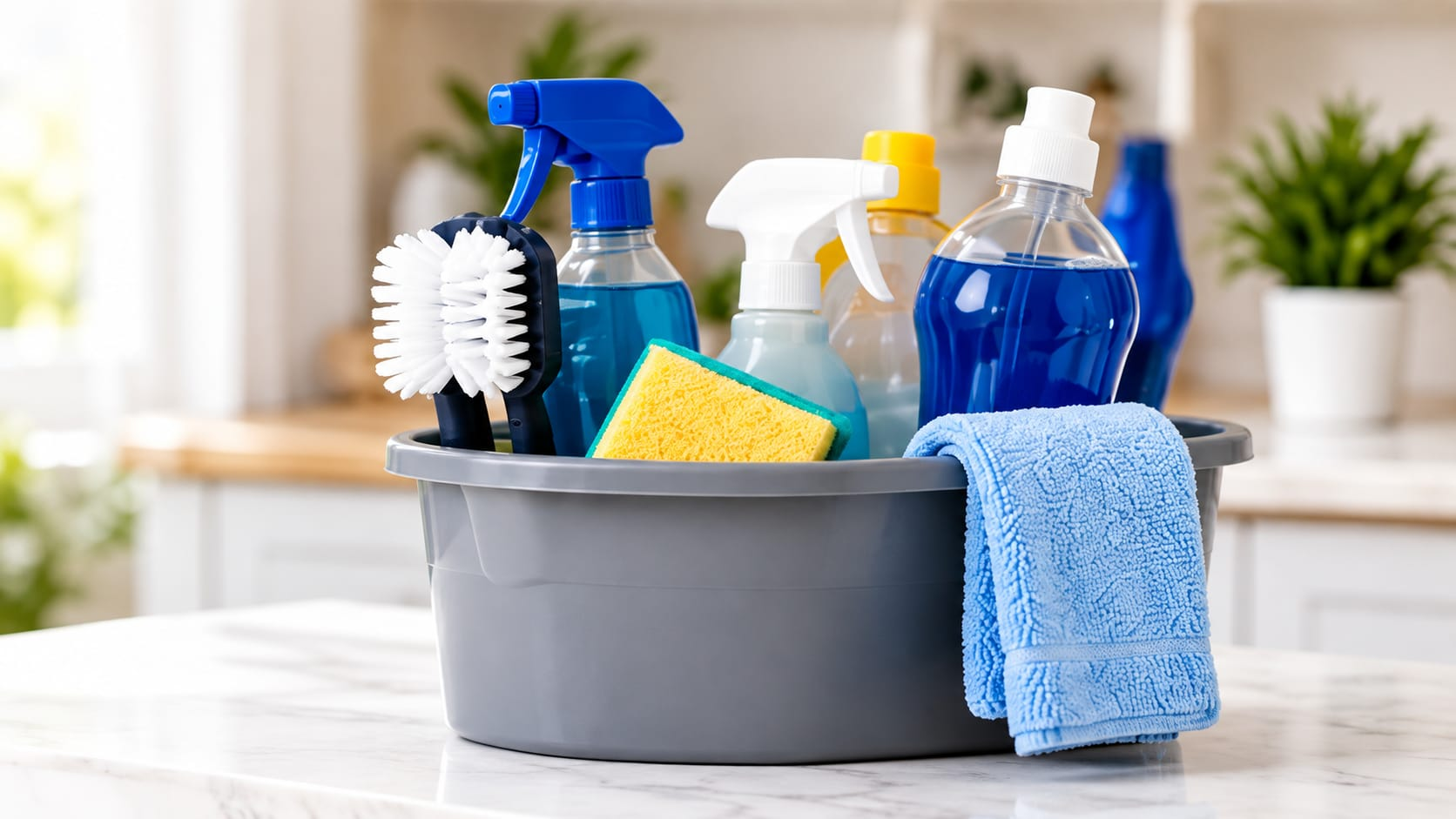 Cleaning supplies including spray bottles, sponges and cloths in a bucket