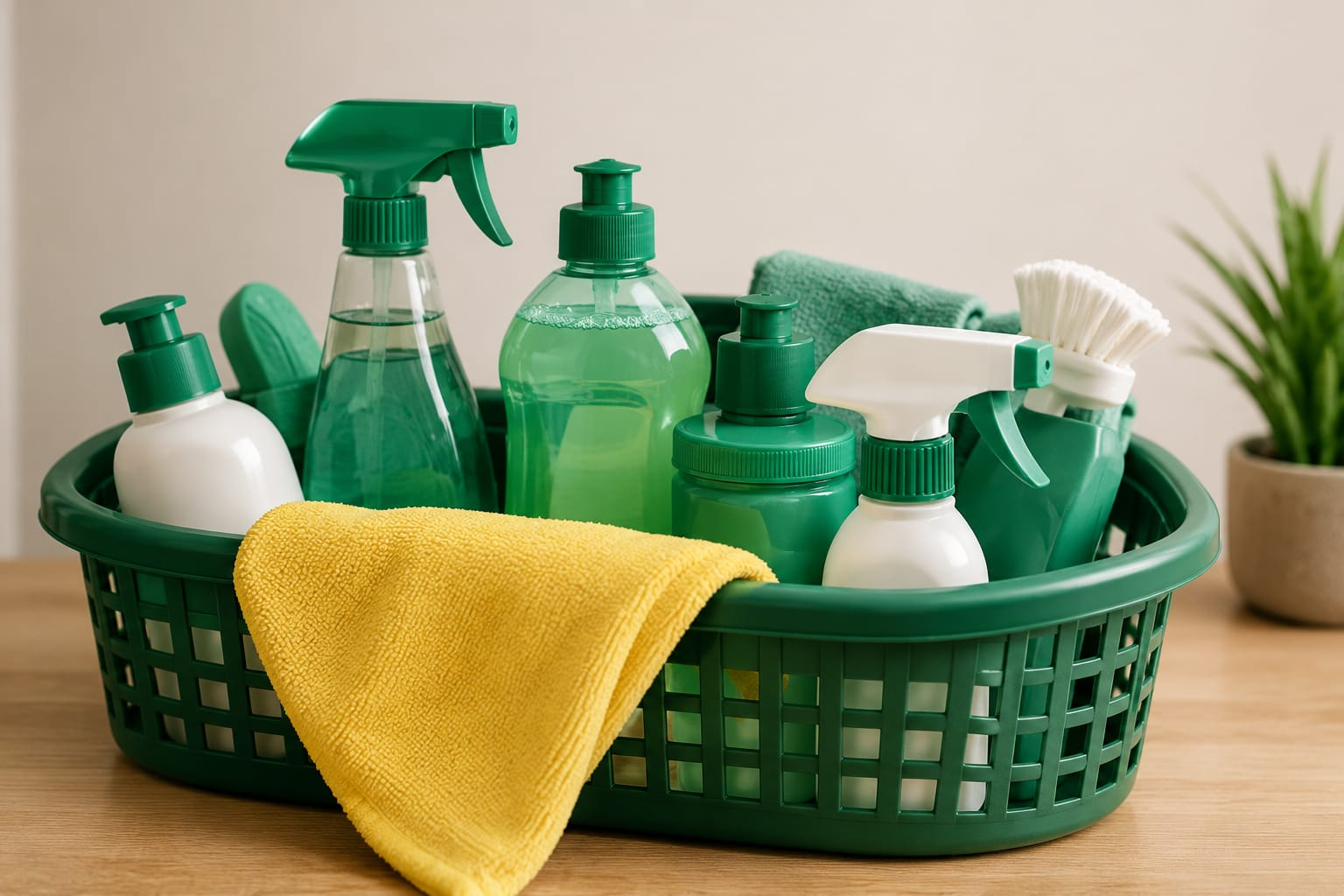 Basket of cleaning supplies and spray bottles