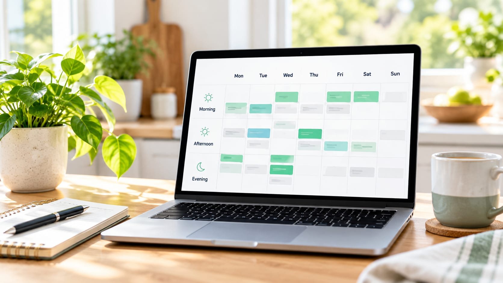 Laptop on a desk showing a weekly cleaning schedule calendar app